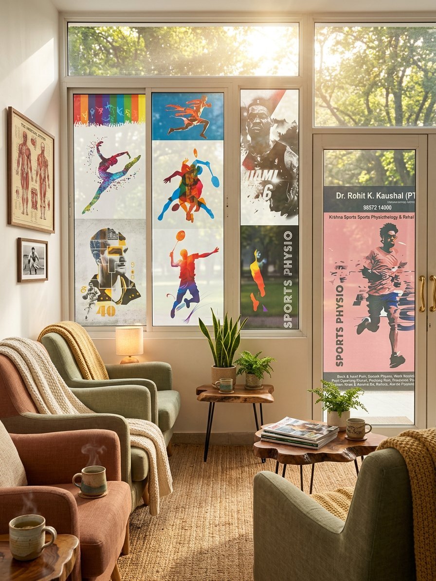 Krishna Sports Physio cozy waiting area with natural light and sports graphics Shimla
